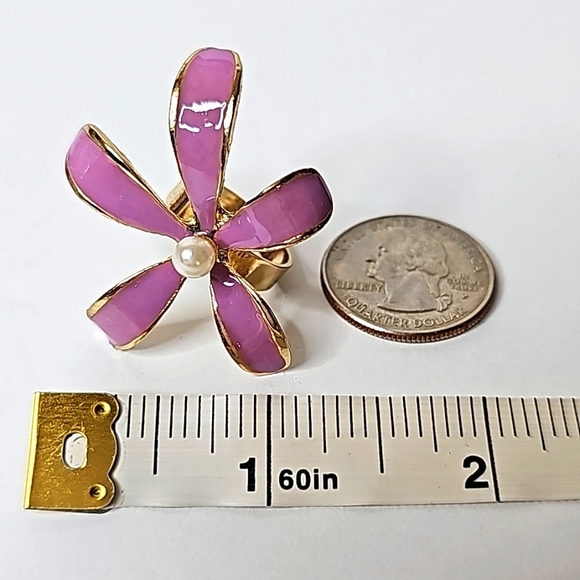 Large Flowered Custom Purple Ring W/Center Pearl & Gold Adj. Band. OS - Picture 7 of 8